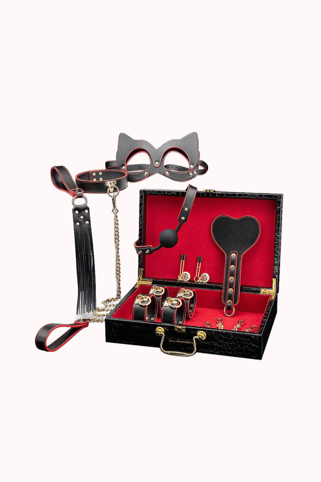 Kit de Luxo Maleta Sado Vermelha – Algemas, Tornozeleiras com Corrente, Venda e Chicote – Doce Malícia