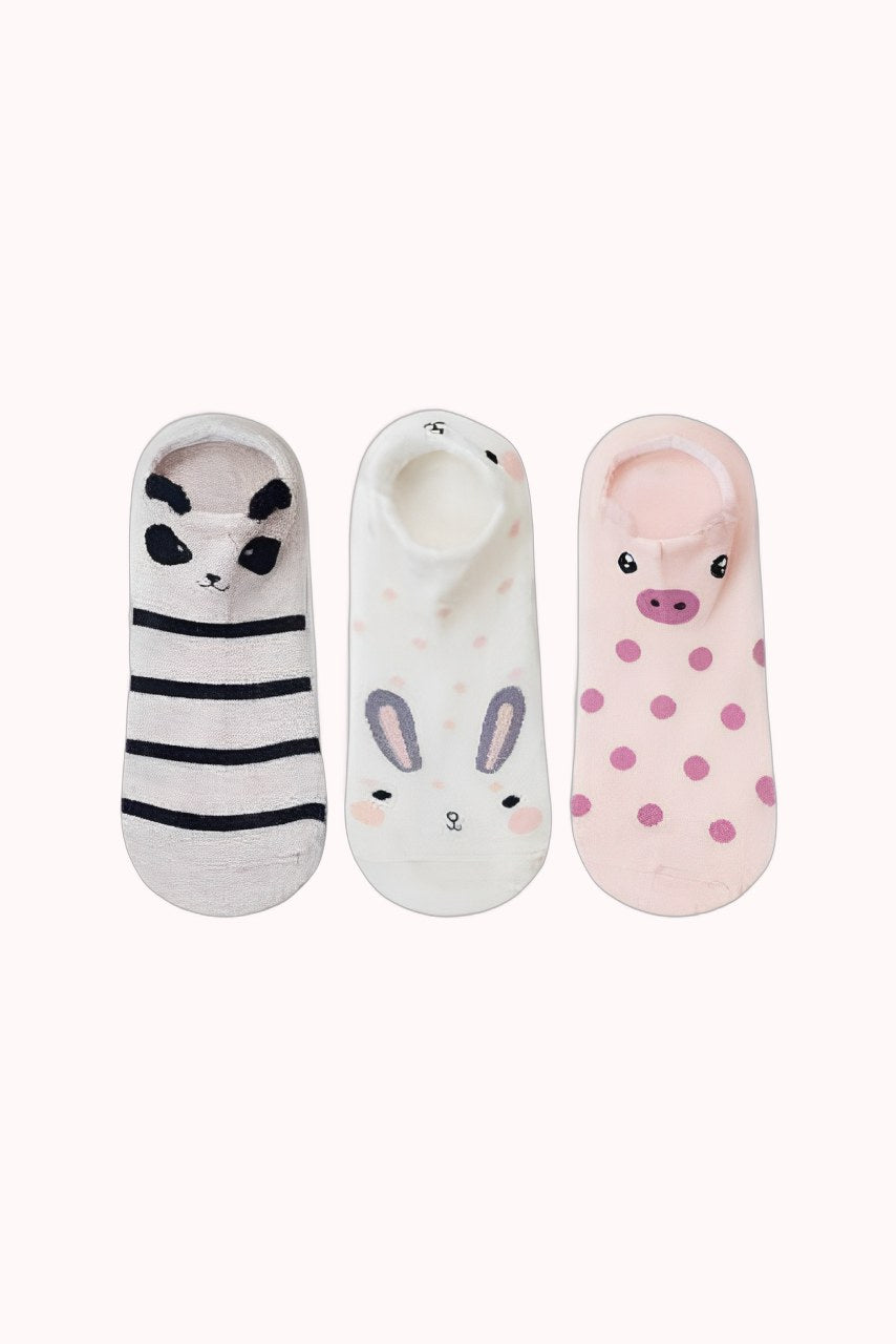 Kit de 3 Meias Invisíveis Feminina com Estampa de Bichinhos – Doce Malícia