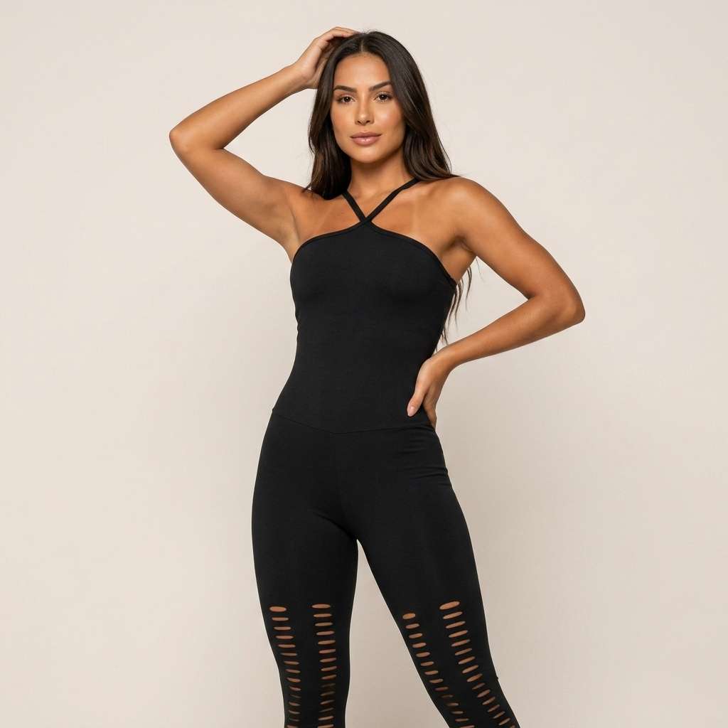 Macacão Fitness Feminino Preto Corte a Laser para Academia - Preto