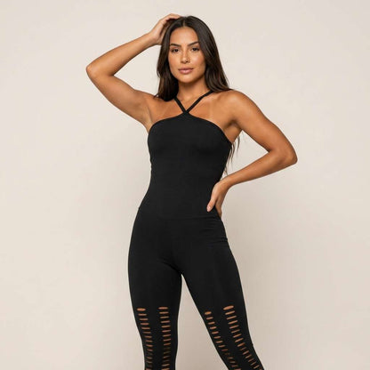 Macacão Fitness Feminino Preto Corte a Laser para Academia - Preto