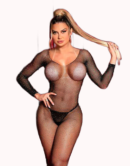 Macacão Bodystocking Sensual com Brilho em Strass e Abertura Íntima – Doce Malícia