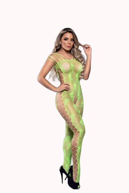 Macacão Bodystocking c/ Recortes em Verde Neon – Doce Malícia