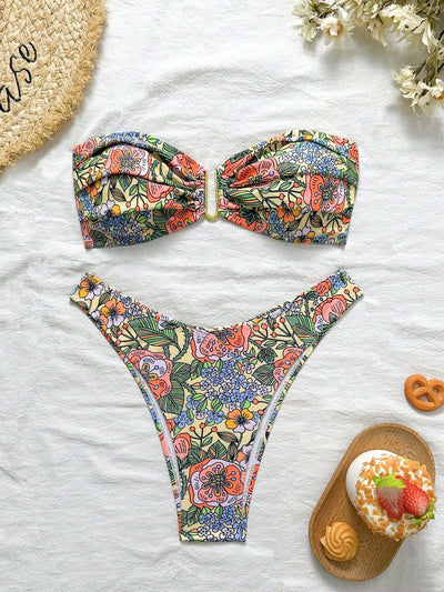 Biquíni Feminino Estampa Floral Cintura Alta com Argola – Doce Malícia