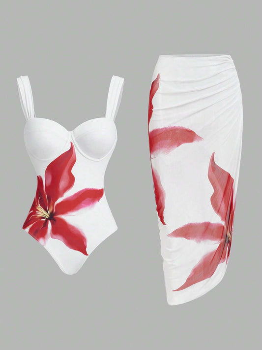 Maiô Feminino Floral Branco com Saída de Praia – Doce Malícia