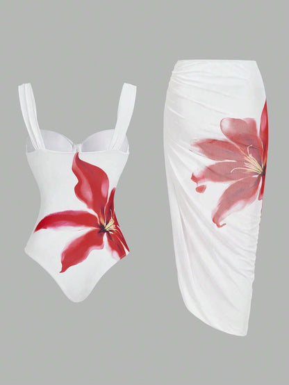 Maiô Feminino Floral Branco com Saída de Praia – Doce Malícia