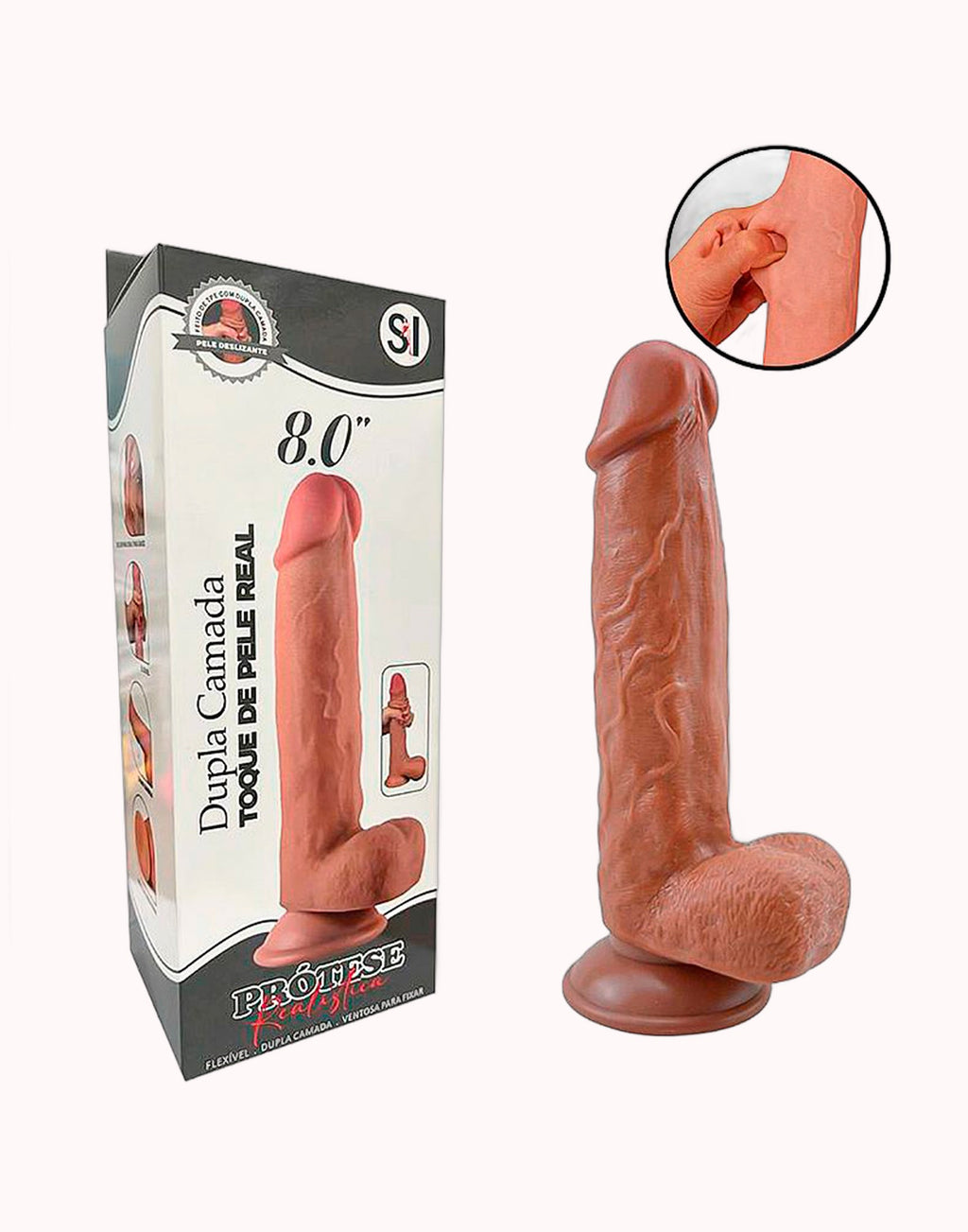 Pênis Realístico com Dupla Camada 8.0″ – Tamanho 20,5 X 4,0 cm Marrom – Doce Malícia