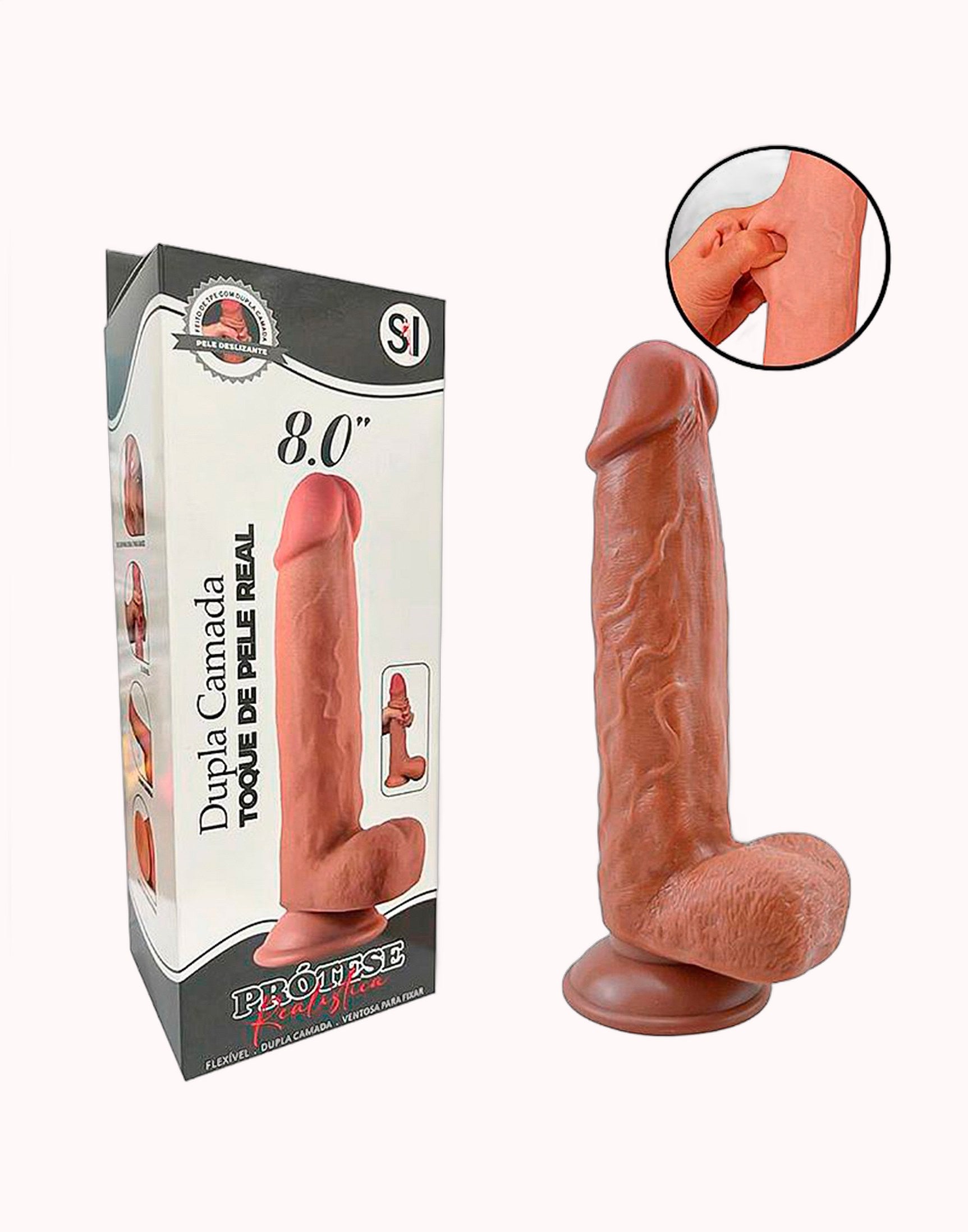 Pênis Realístico com Dupla Camada 8.0″ – Tamanho 20,5 X 4,0 cm Marrom – Doce Malícia