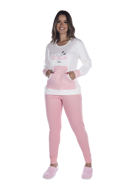 Pijama Bolso Canguru Feminino Canelado em azul-Marinho – Doce Malícia