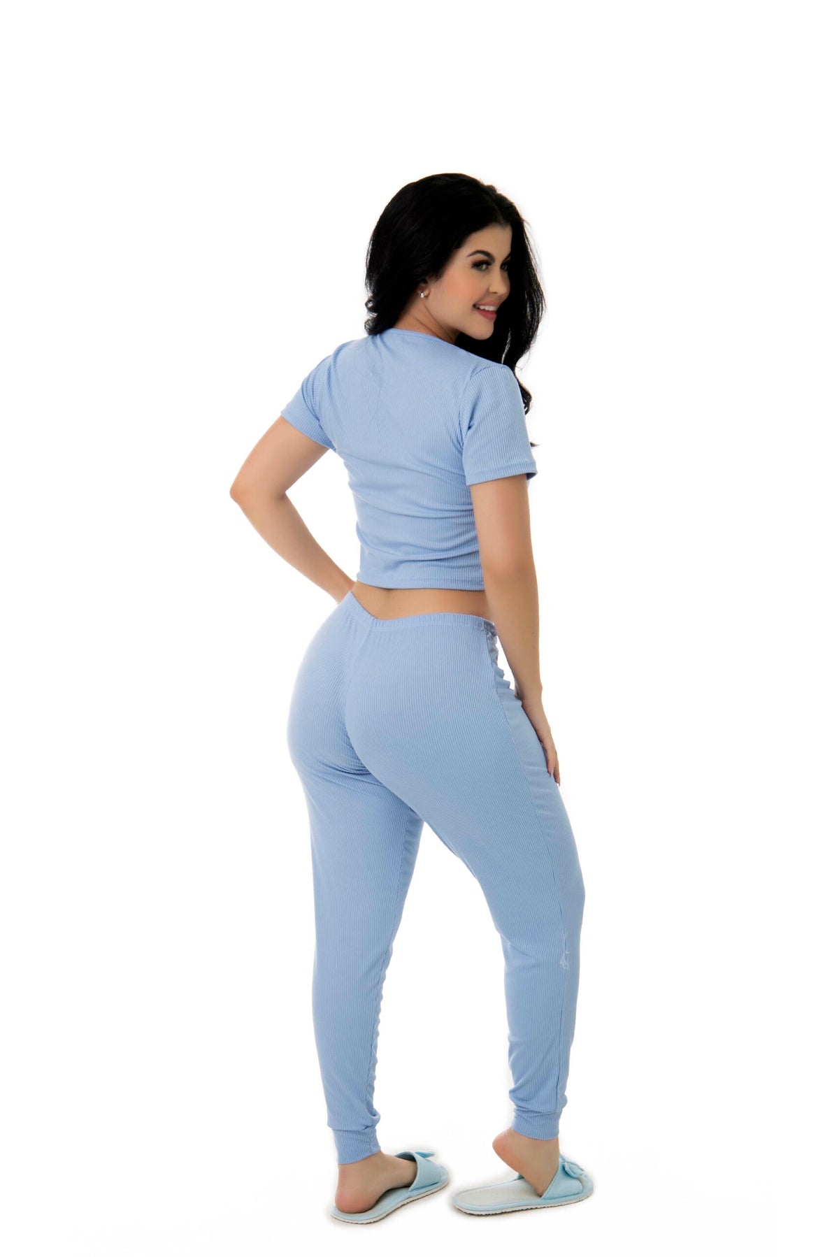 Pijama Canelado Calça Longa em azul-Marinho – Doce Malícia