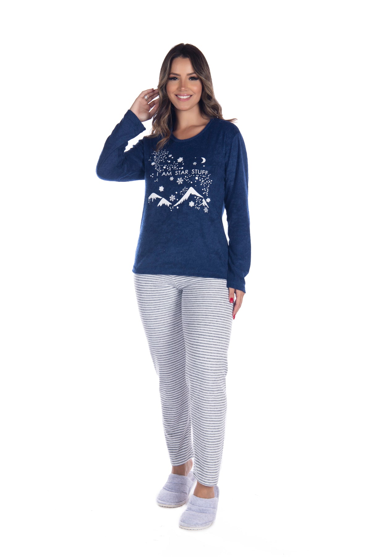 Pijama Longo Feminino em Plush em azul-Marinho – Doce Malícia