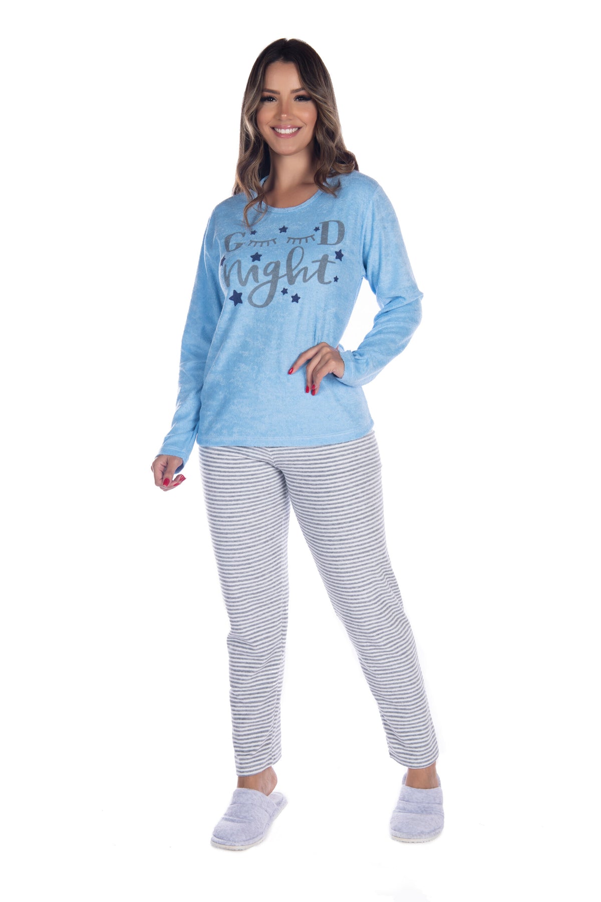 Pijama Longo Feminino em Plush em azul-Marinho – Doce Malícia