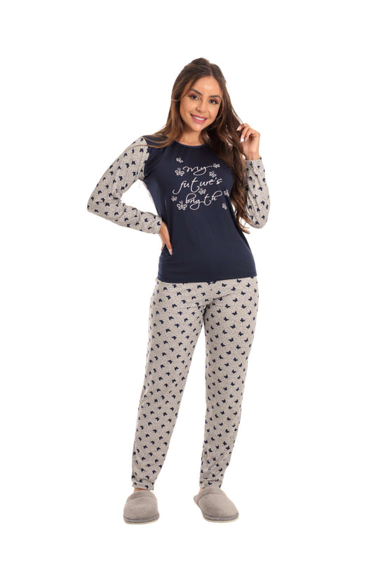 Pijama Longo Feminino em Suede em azul-Marinho – Doce Malícia