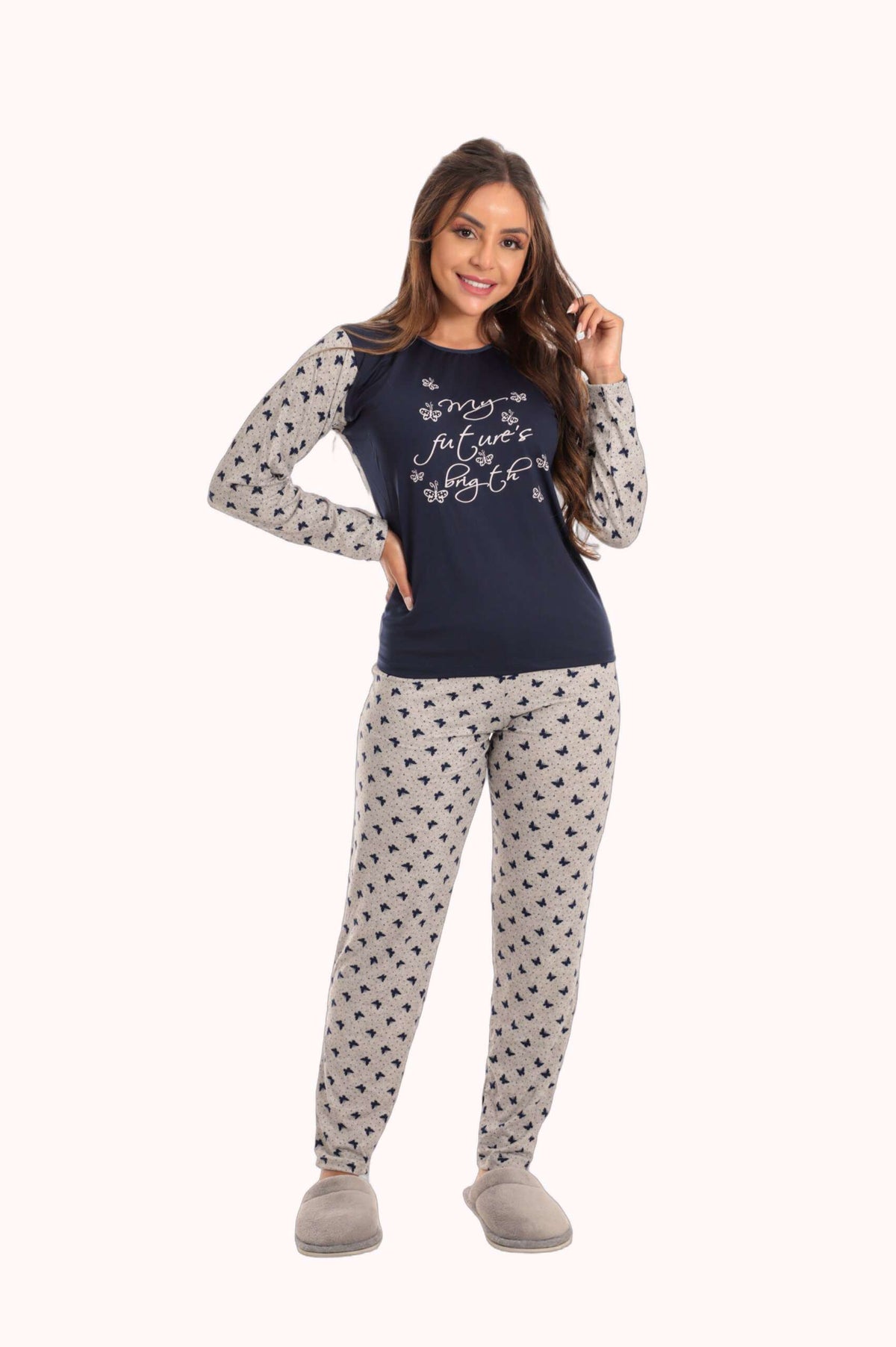 Pijama Longo Feminino em Suede Lily Azul Marinho – Doce Malícia