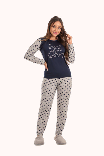 Pijama Longo Feminino em Suede Lily Azul Marinho – Doce Malícia