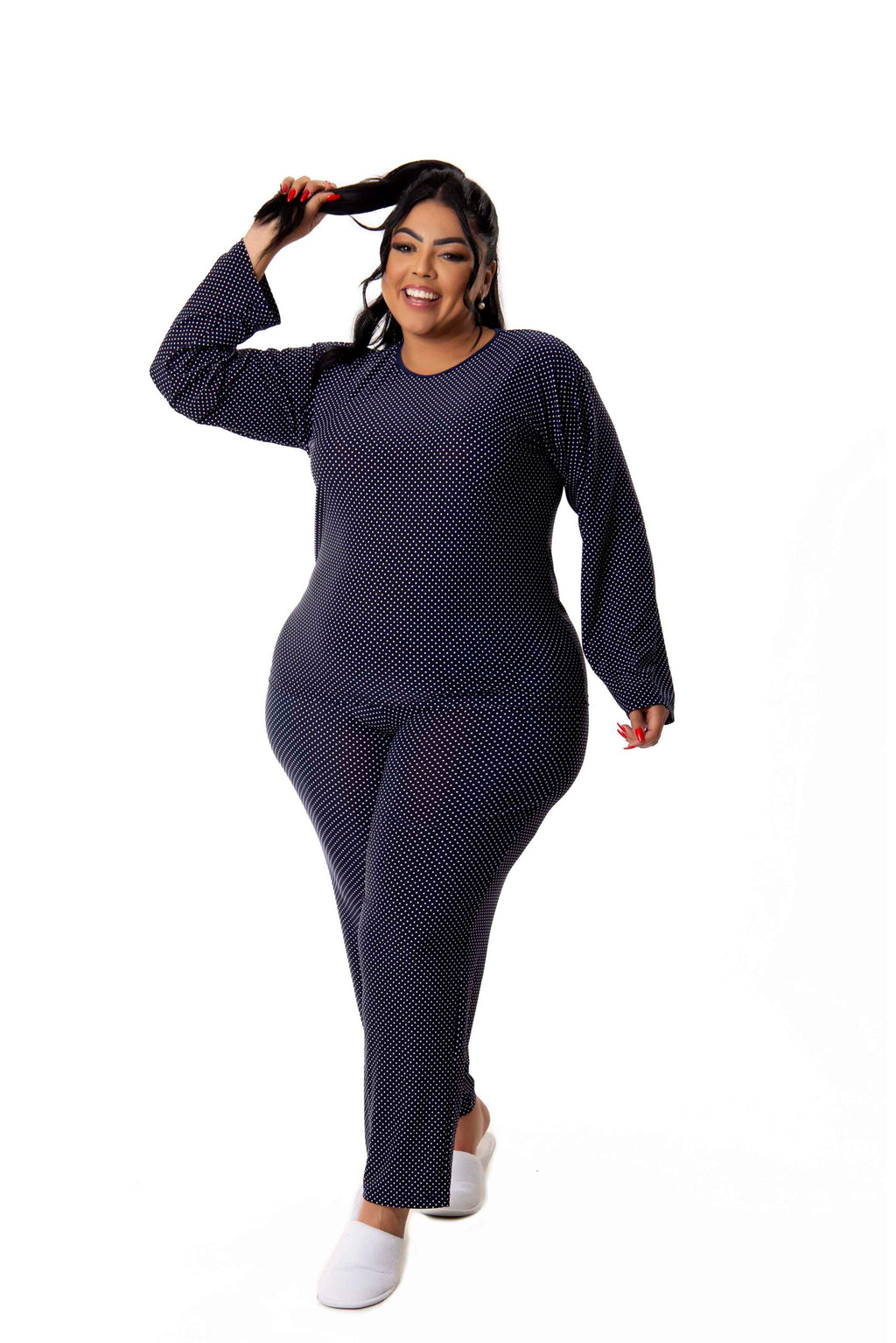 Pijama Longo Feminino Plus Size em azul-Marinho – Doce Malícia