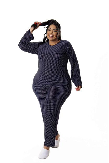 Pijama Longo Feminino Plus Size em azul-Marinho – Doce Malícia