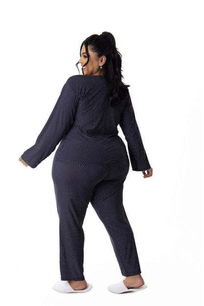 Pijama Longo Feminino Plus Size em azul-Marinho – Doce Malícia