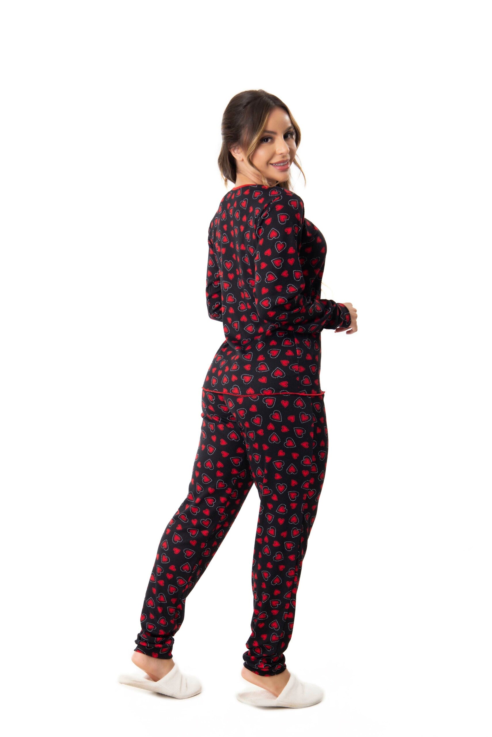 Pijama em Suede Canelado Estampado em Branco – Doce Malícia
