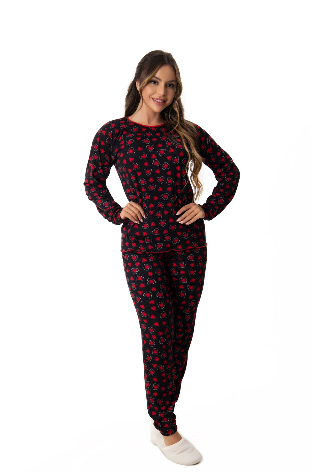 Pijama em Suede Canelado Estampado em Branco – Doce Malícia