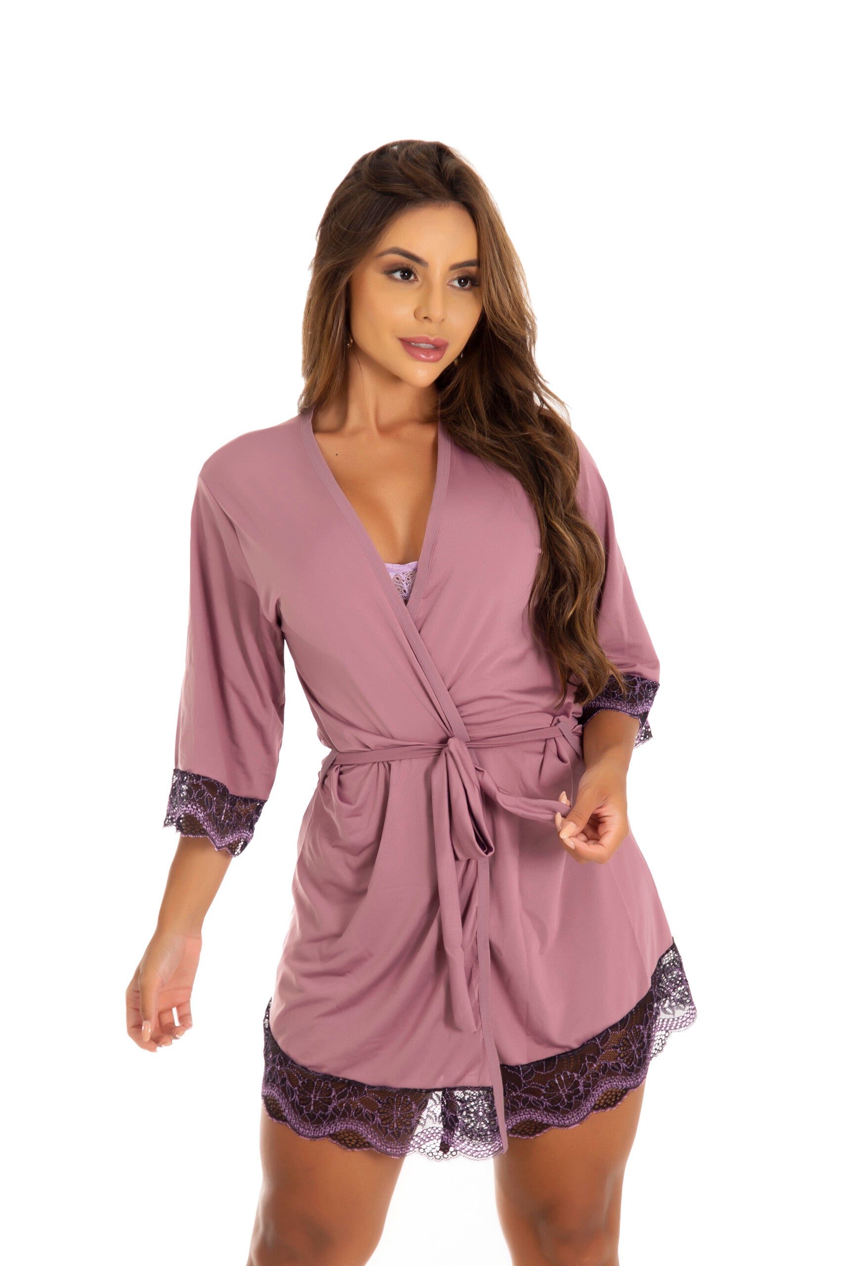 Robe de microfibra com renda bicolor em Branco – Doce Malícia