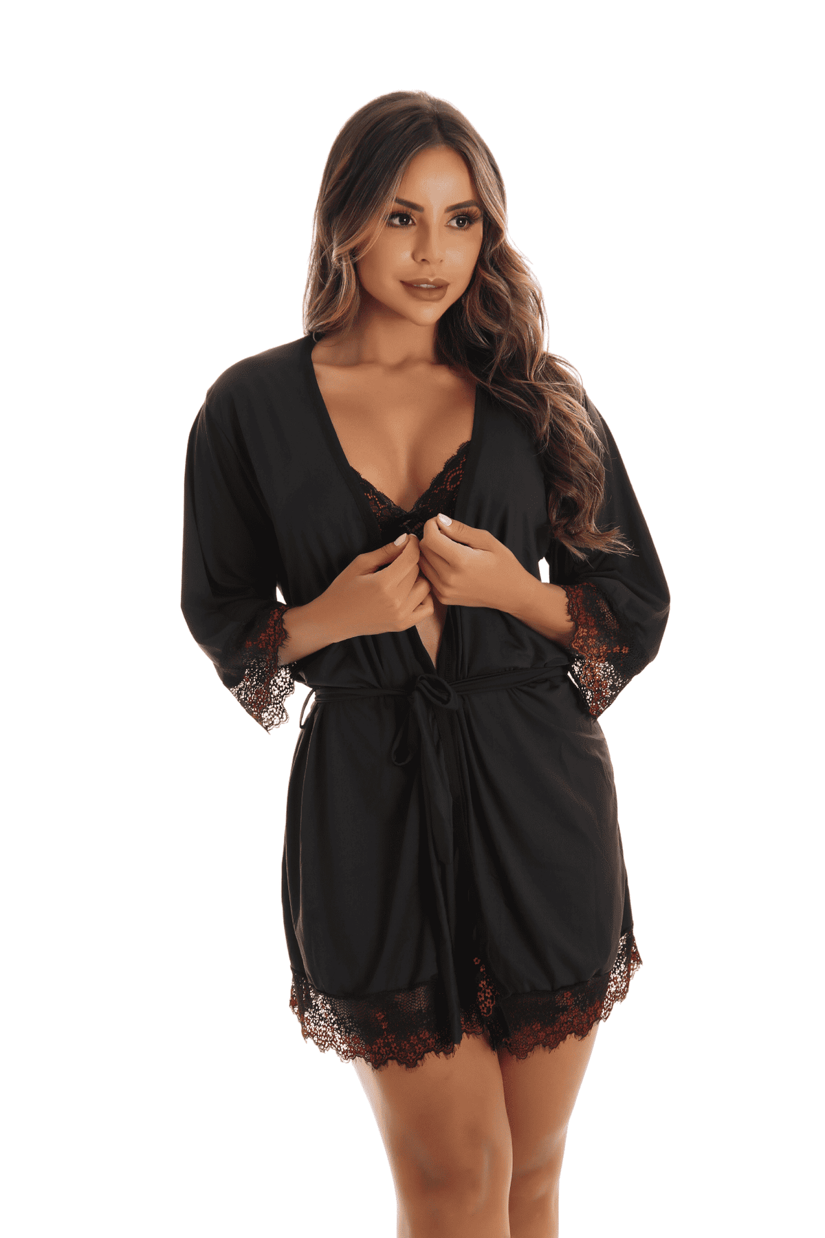 Robe de microfibra com renda bicolor em Branco – Doce Malícia