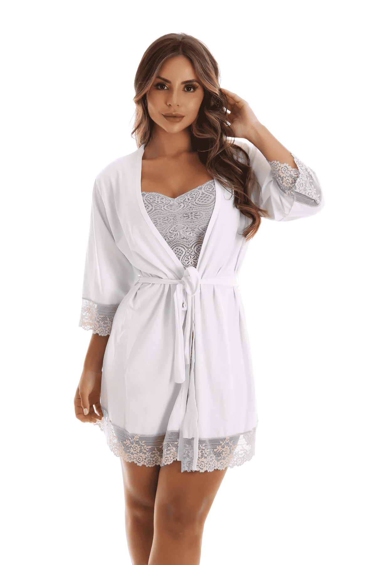 Robe de microfibra com renda bicolor em Branco – Doce Malícia