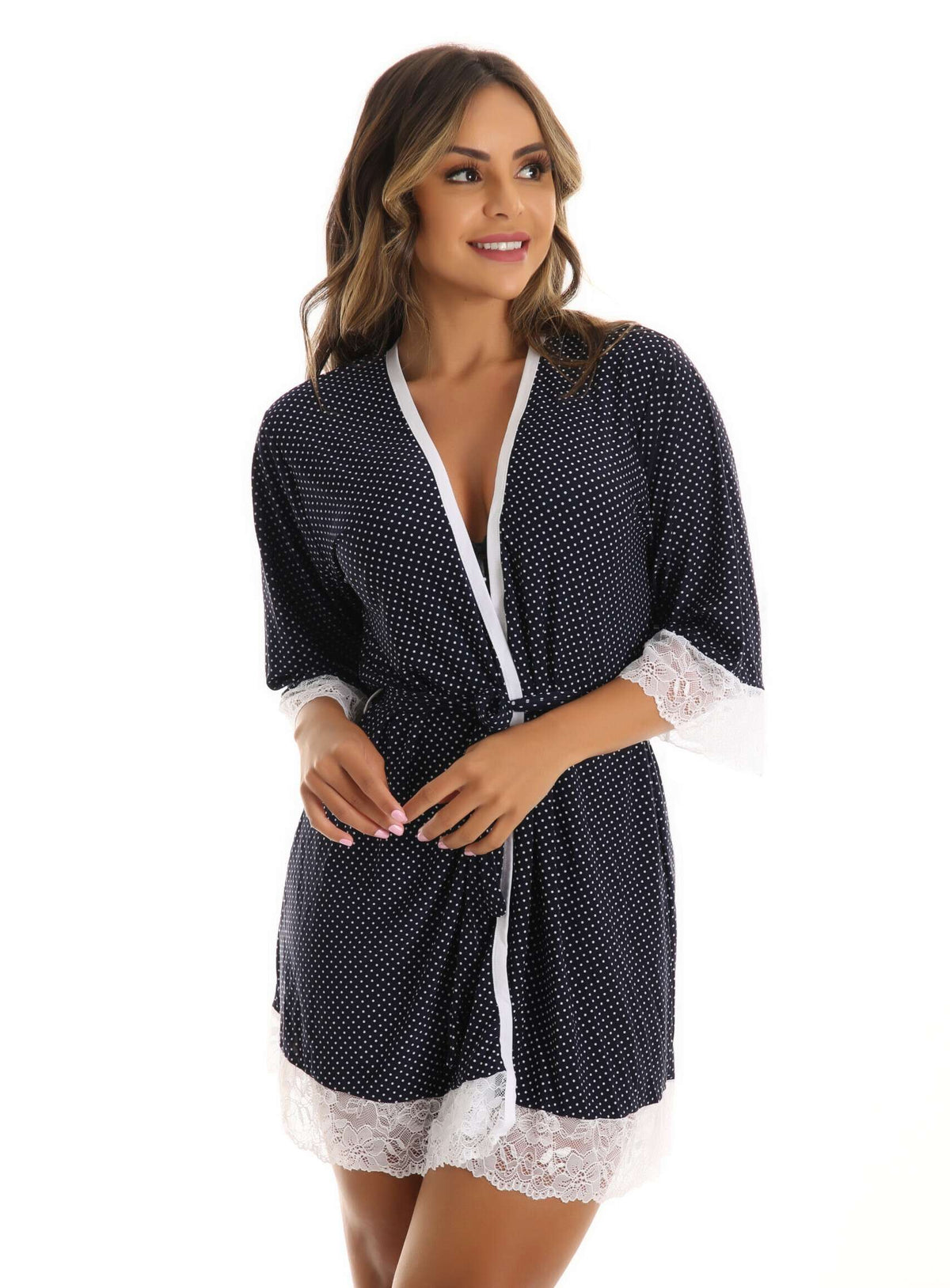 Robe em liganete estampada com renda em azul – Doce Malícia
