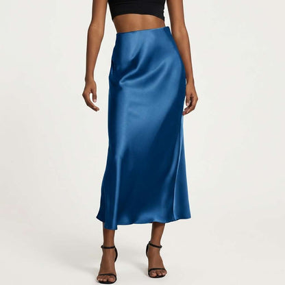 Saia Feminina Cetim Longo Castanho Castanho – Doce Malícia - Azul Glaciar