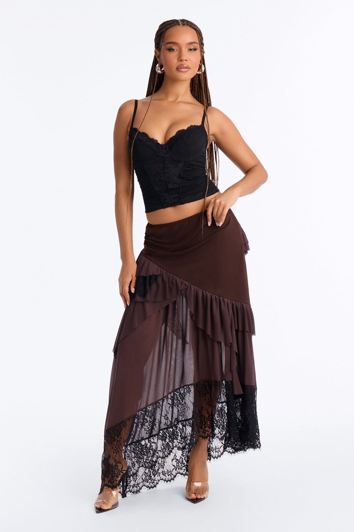 Saia Feminina Longo Renda Tule Marrom – Doce Malícia