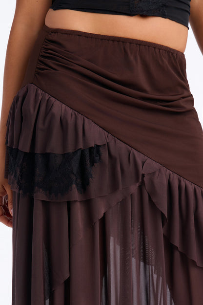Saia Feminina Longo Renda Tule Marrom – Doce Malícia
