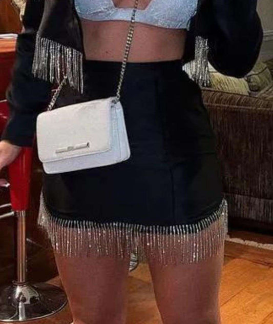 Saia Gabi Alfaiataria Franja Strass - Preto