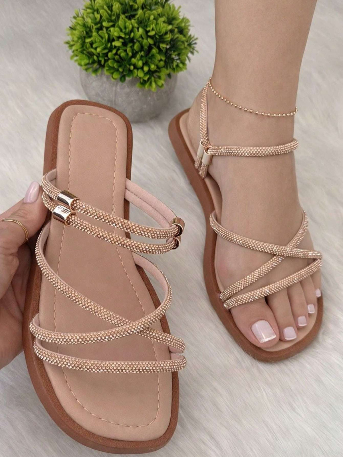 Sandália Rasteira Feminina Elegante Brilhante Strass – Doce Malícia