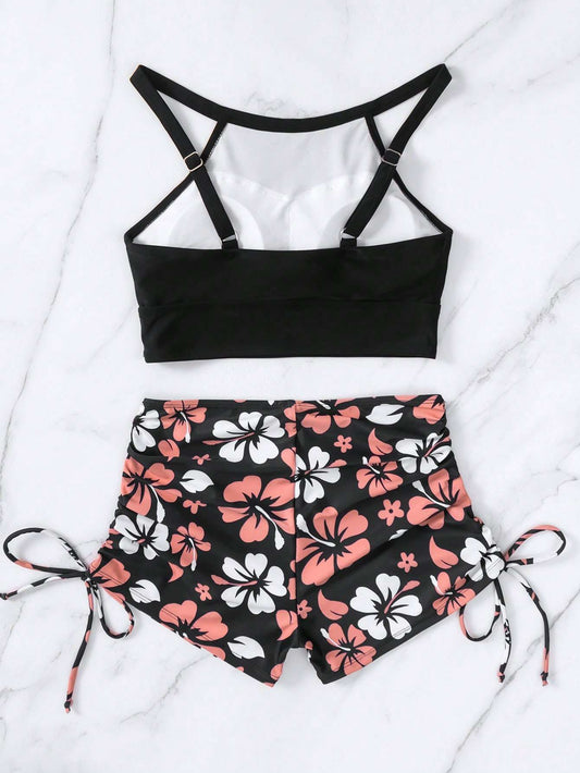 Biquíni Cropped com Short Estampa Floral – Doce Malícia