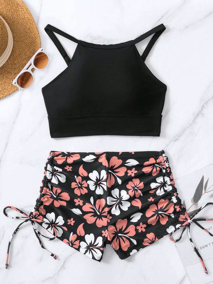 Biquíni Cropped com Short Estampa Floral – Doce Malícia