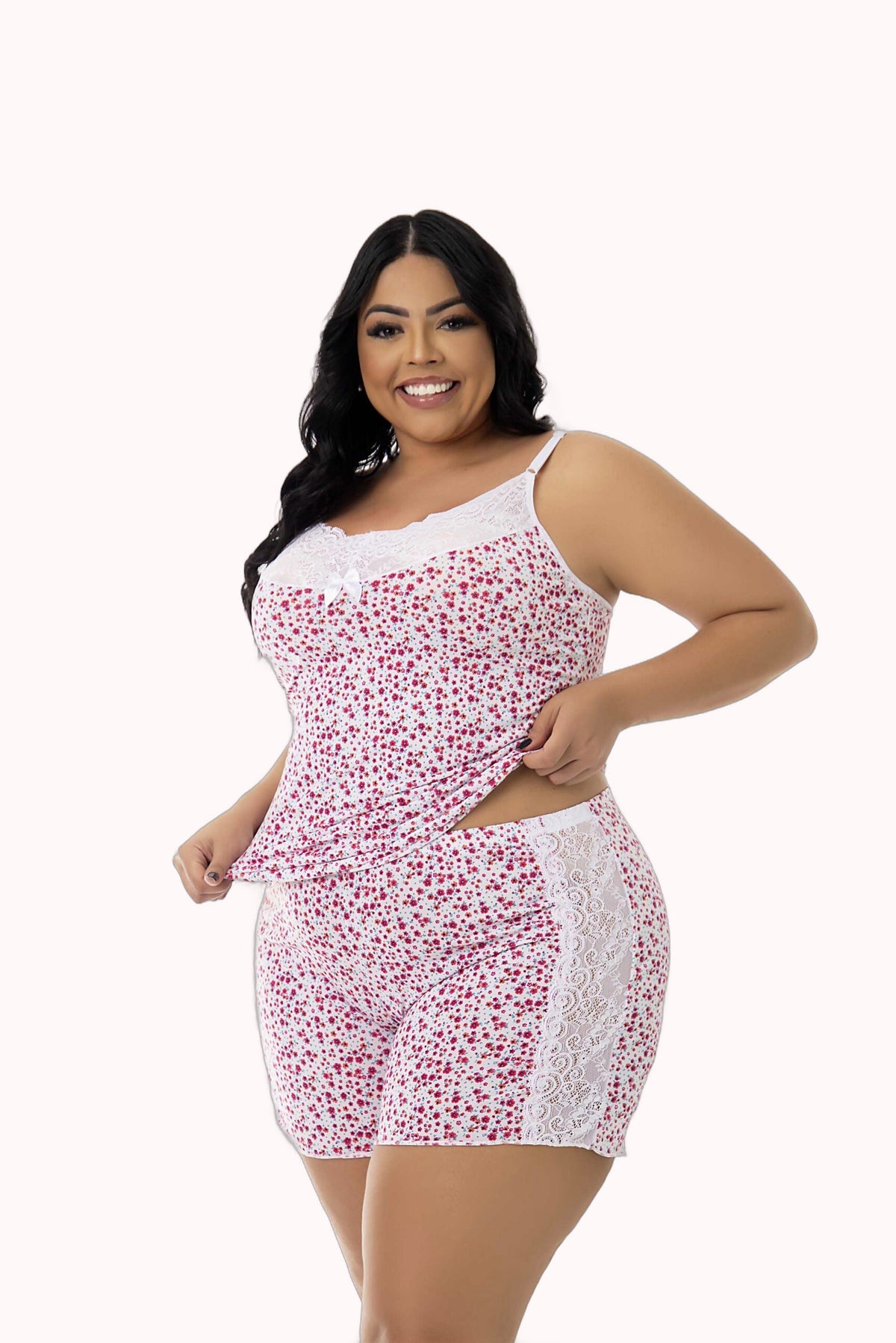 Short Doll em Liganete Estampado com Renda Plus Size