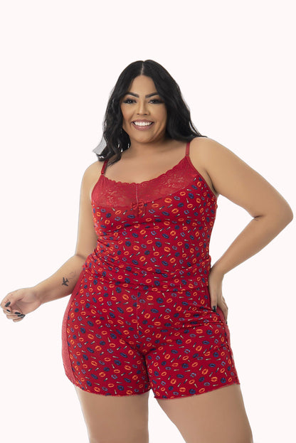 Short Doll em Liganete Estampado com Renda Plus Size