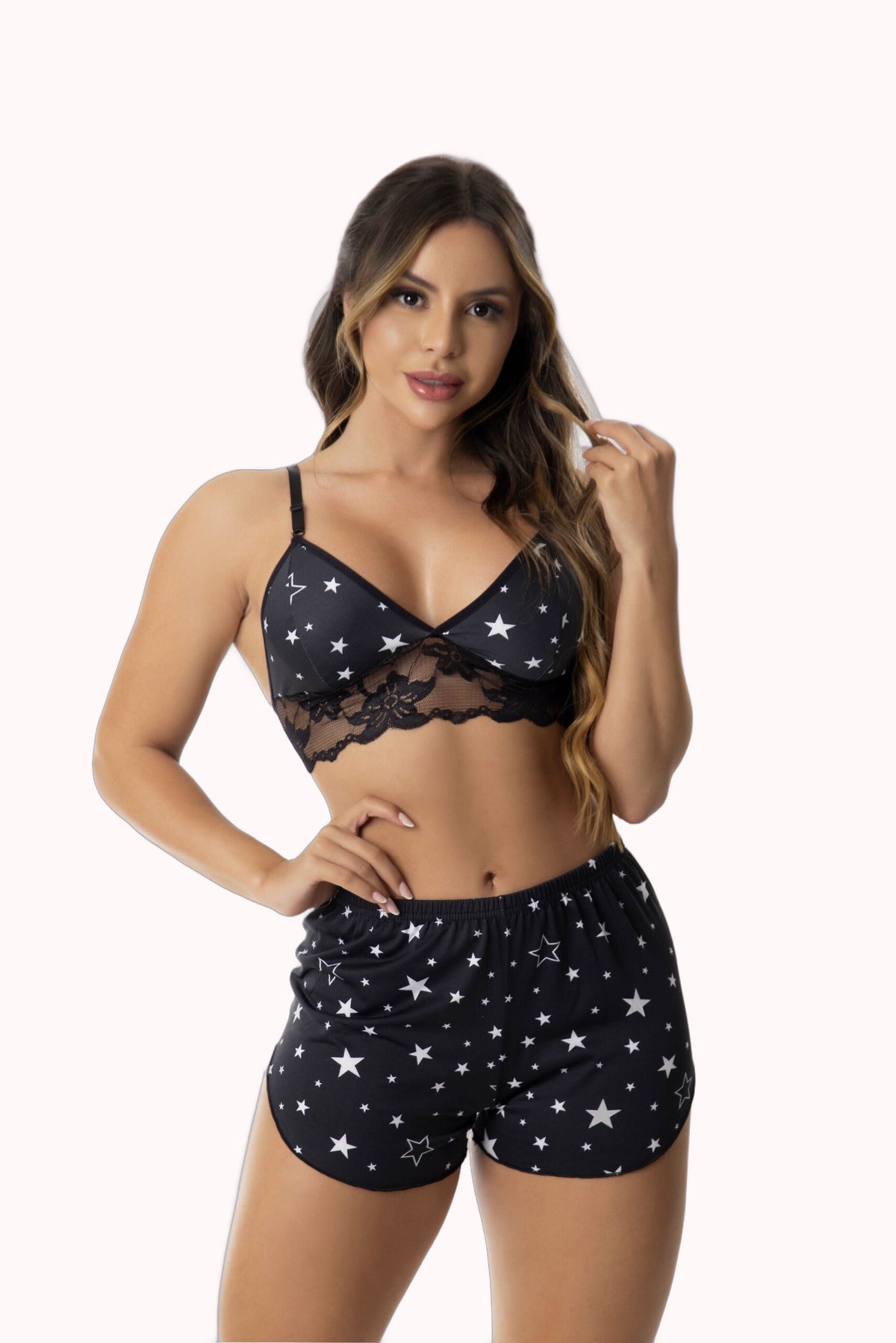 Short Doll Estampado Top com Renda