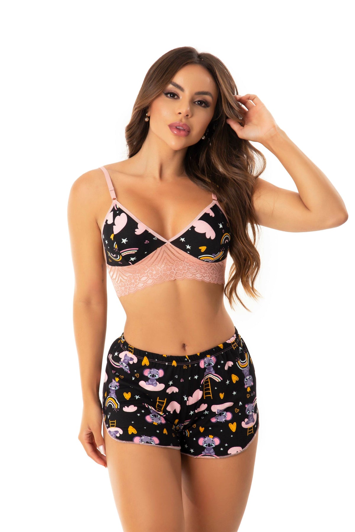 Short Doll Estampado Top com Renda em Branco – Doce Malícia
