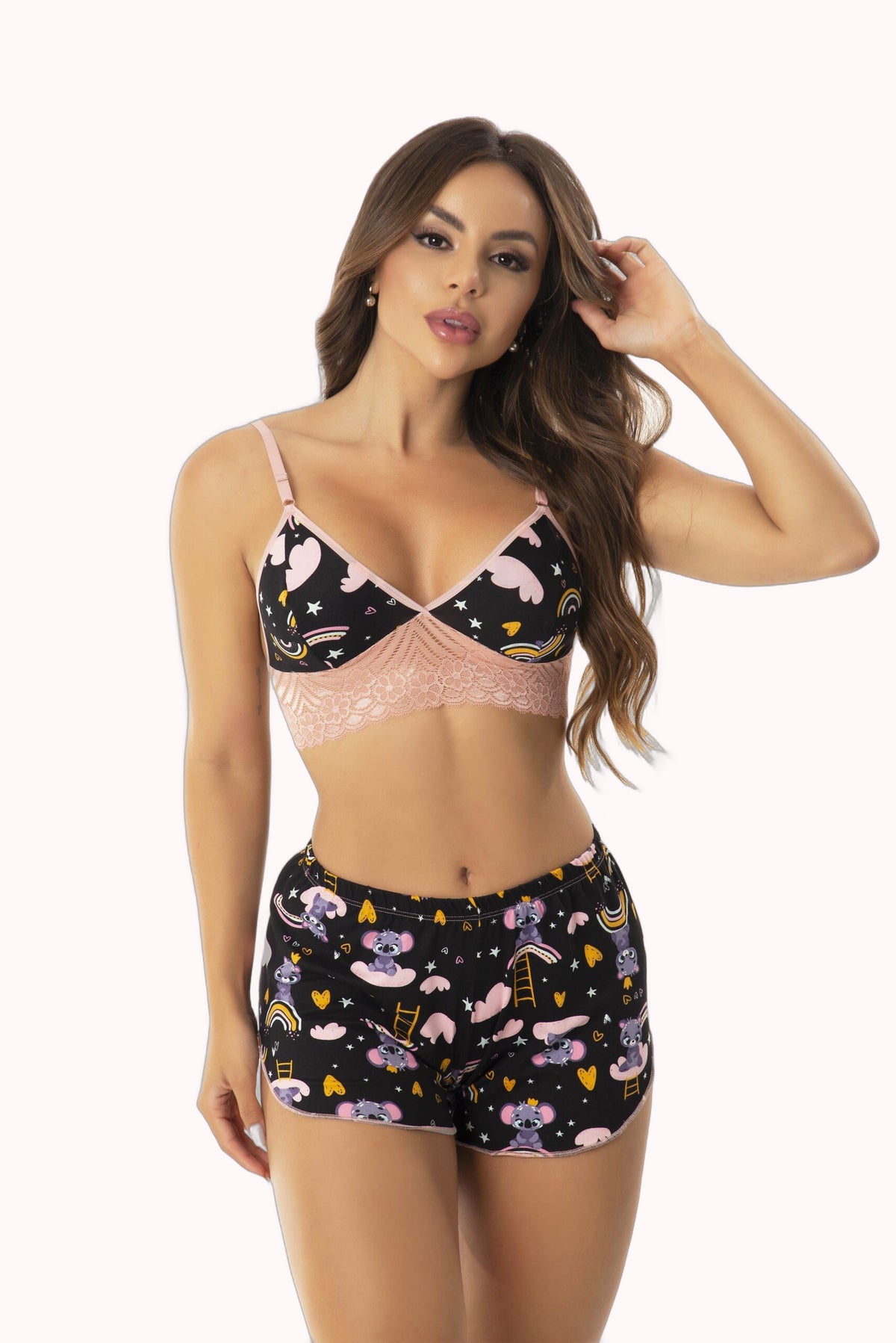 Short Doll Estampado Top com Renda