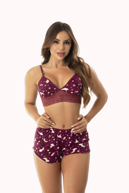 Short Doll Estampado Top com Renda
