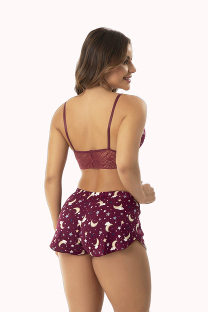 Short Doll Estampado Top com Renda