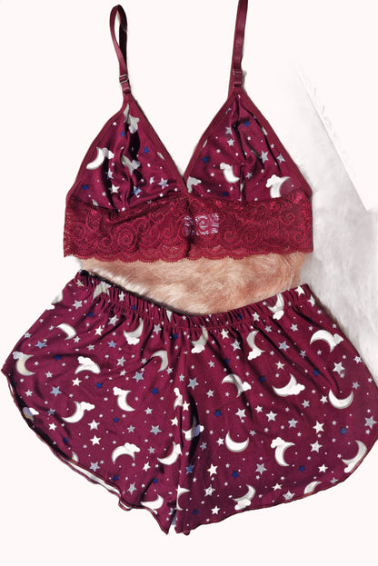 Short Doll Estampado Top com Renda