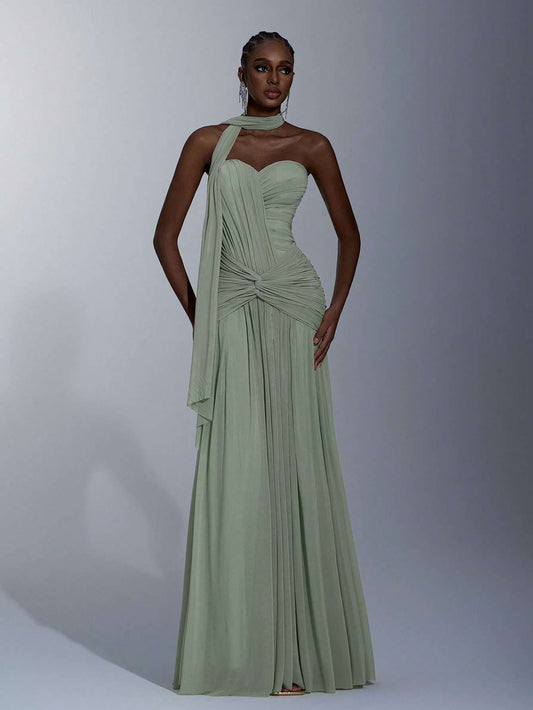 Vestido Longo de Festa Um Ombro Verde Sálvia – Doce Malícia