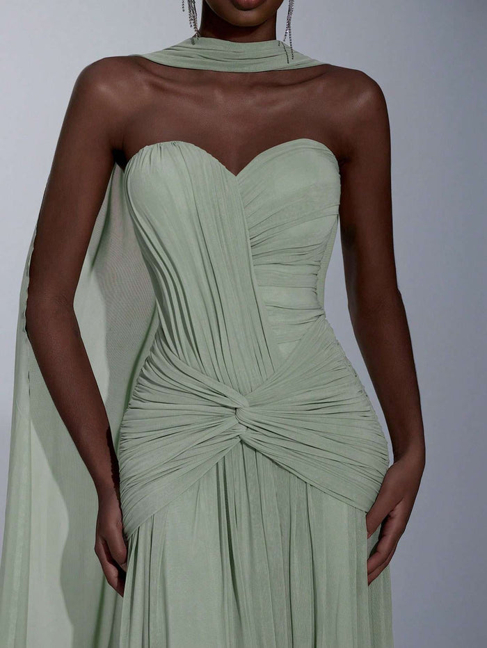 Vestido Longo de Festa Um Ombro Verde Sálvia – Doce Malícia — Doce Malícia
