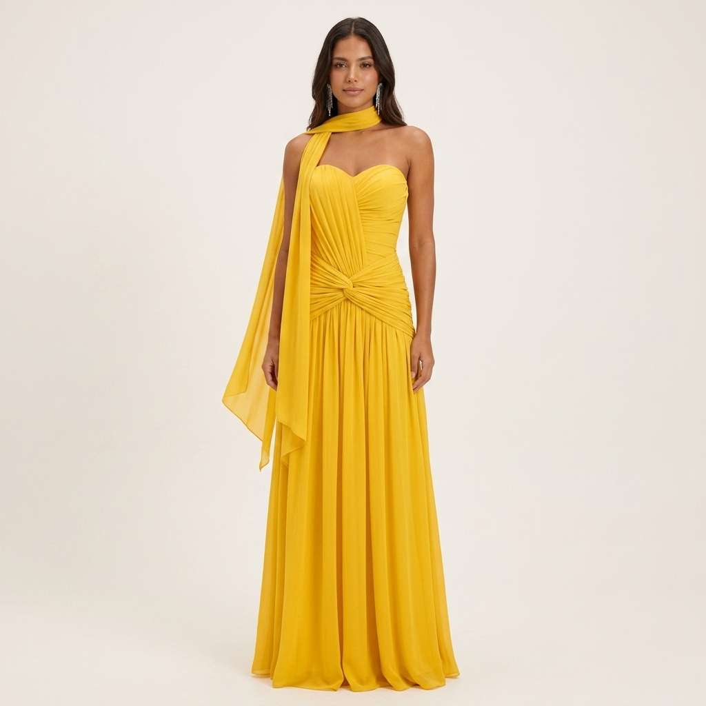 Vestido Longo de Festa Um Ombro Verde Sálvia – Doce Malícia - Amarelo