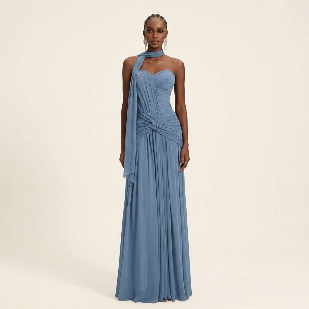 Vestido Longo de Festa Um Ombro Verde Sálvia – Doce Malícia - Azul Empoeirado
