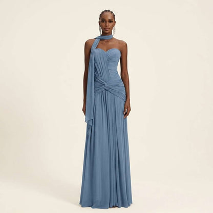Vestido Longo de Festa Um Ombro Verde Sálvia – Doce Malícia - Azul Empoeirado
