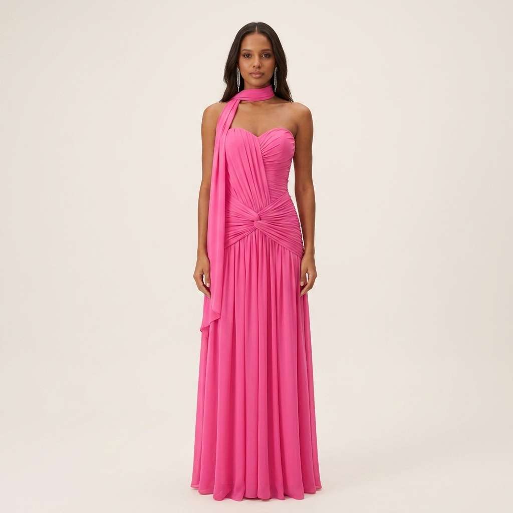 Vestido Longo de Festa Um Ombro Verde Sálvia – Doce Malícia - Rosa chiclete