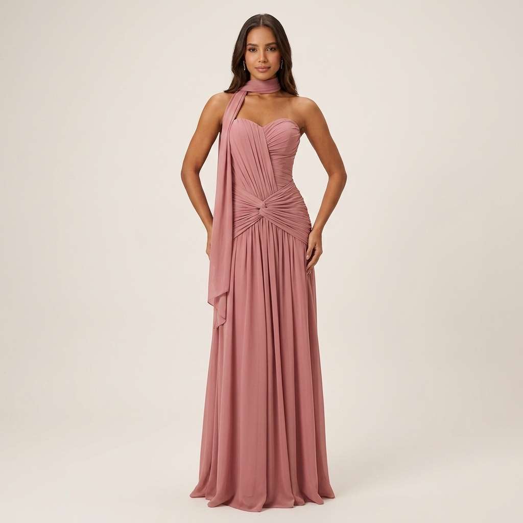 Vestido Longo de Festa Um Ombro Verde Sálvia – Doce Malícia - Rosa empoeirado