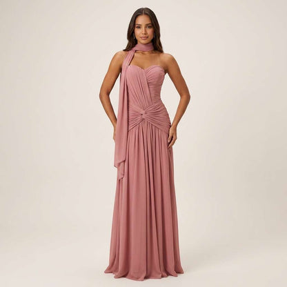 Vestido Longo de Festa Um Ombro Verde Sálvia – Doce Malícia - Rosa empoeirado
